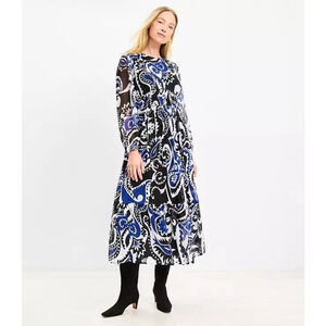 Loft Paisley Shirred Flounce Long Sleeve Midi Dress Tiered Blue White Size 8